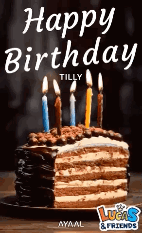 A Birthday Cake With Candles On It Is Sitting On A Wooden Table . GIF