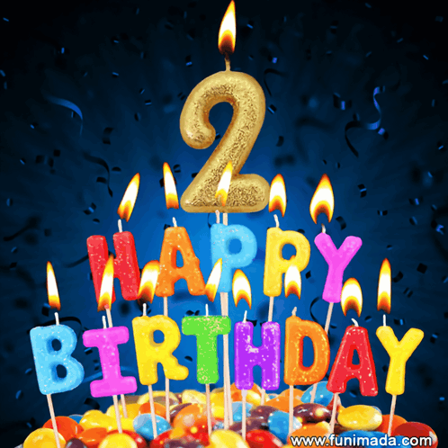 A Birthday Cake With Candles That Say Happy Birthday And The Number 2 GIF