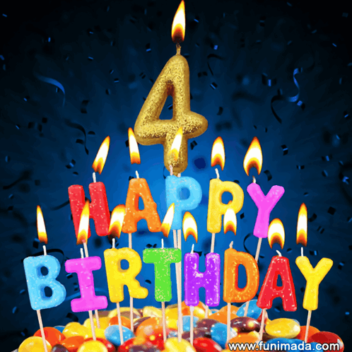 A Birthday Cake With Candles That Say Happy Birthday And The Number 4 GIF
