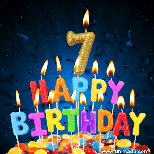 A Birthday Cake With Candles That Say Happy Birthday And The Number 7 GIF