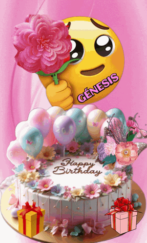 A Birthday Cake With Flowers And Balloons And The Name Genesis GIF