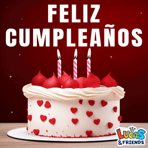 A Birthday Cake With Red Hearts And Candles Says Lucas & Friends GIF