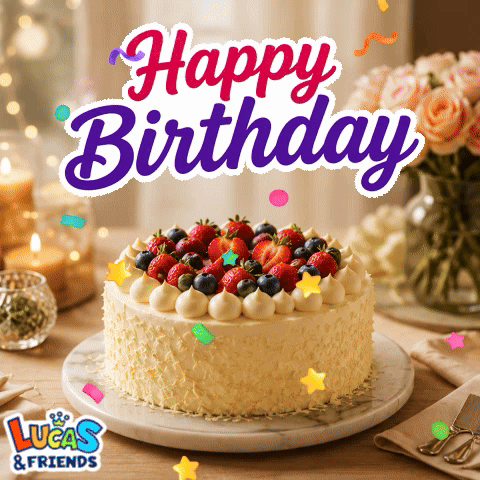 A Birthday Cake With Strawberries Blueberries And Whipped Cream On Top GIF