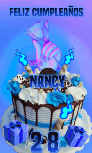 A Birthday Cake With The Name Nancy On It And The Number 28 GIF