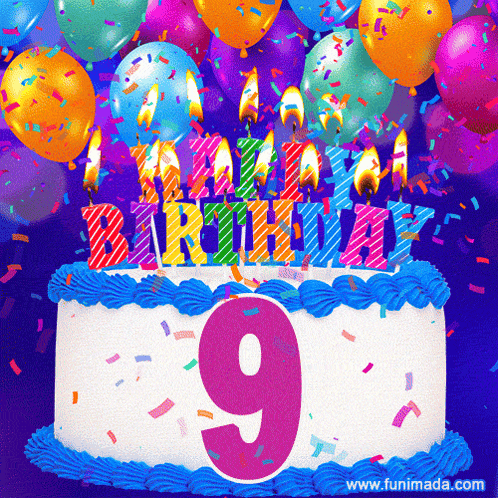 A Birthday Cake With The Number 9 And Candles On It GIF