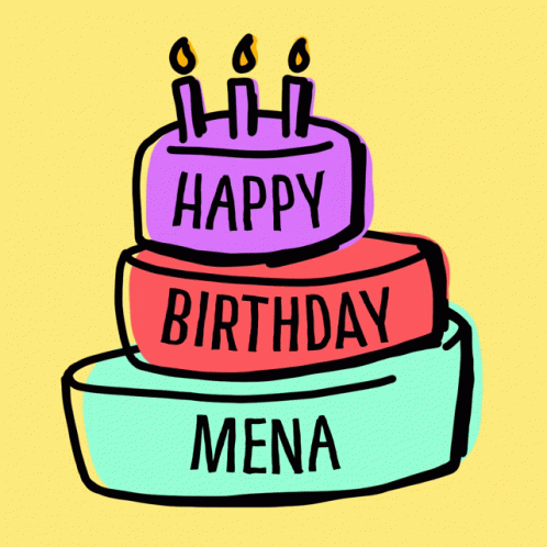 A Birthday Cake With Three Candles And The Words Happy Birthday Mena On It GIF