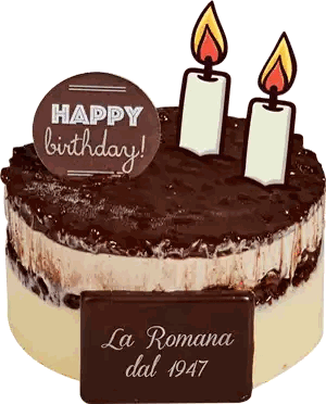 a birthday cake with two candles and a sign that says happy birthday la romana dal 1947