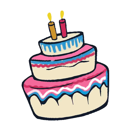 a birthday cake with two lit candles on top of it