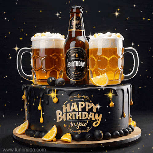 A Birthday Cake With Two Mugs Of Beer And A Bottle That Says Happy Birthday To You GIF