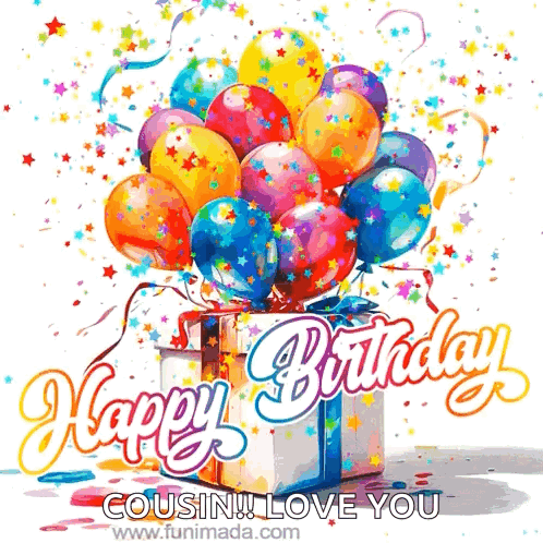 A Birthday Card For A Cousin With Balloons And A Gift GIF