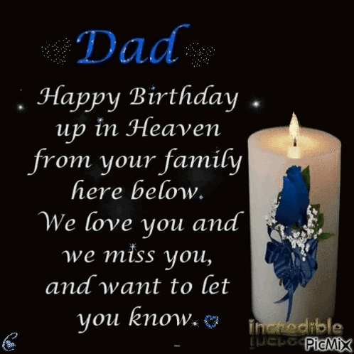A Birthday Card For A Dad In Heaven With A Candle And Flowers GIF