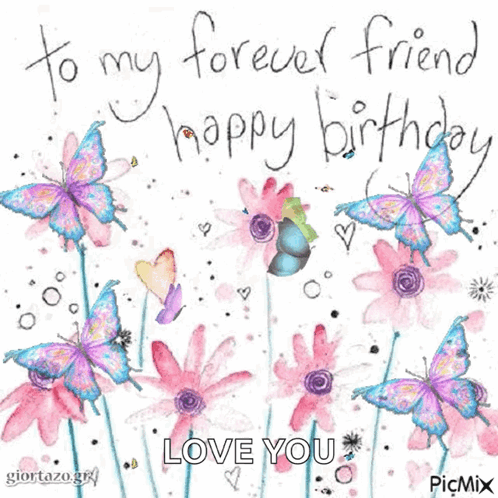 A Birthday Card For A Friend With Butterflies And Flowers GIF