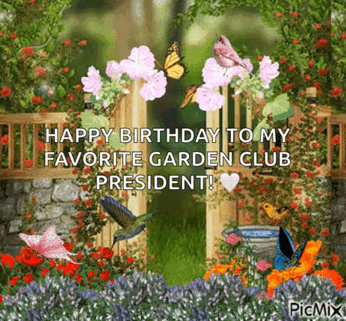 A Birthday Card For A Garden Club President With Flowers And Butterflies GIF