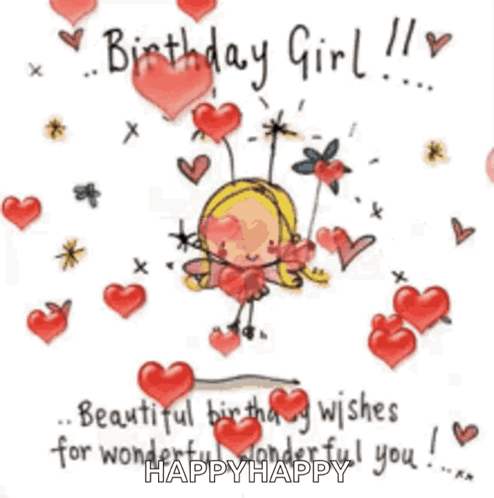 Girl Birthday Card With Fairy And Hearts GIF