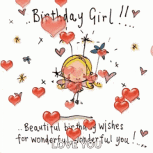 A Birthday Card For A Girl With A Fairy On A Swing Surrounded By Hearts GIF