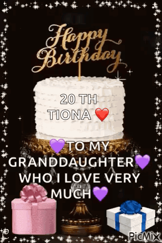 A Birthday Card For A Granddaughter With A Cake And Presents GIF