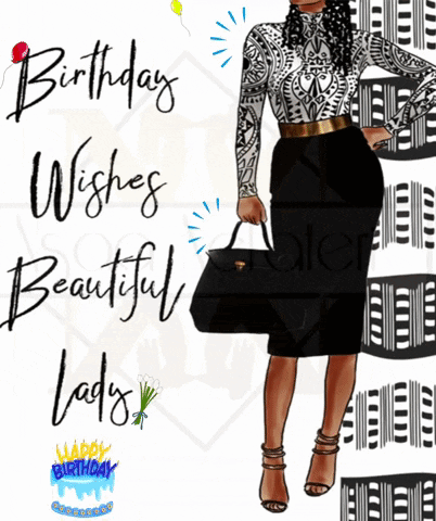 A Birthday Card For A Lady With A Black And White Dress GIF