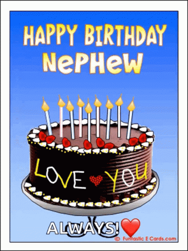 A Birthday Card For A Nephew With A Cake With Candles On It GIF