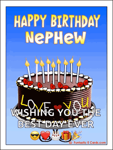 A Birthday Card For A Nephew With A Chocolate Cake And Candles GIF