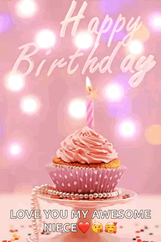 Pink Cupcake With Lit Candle For Niece GIF