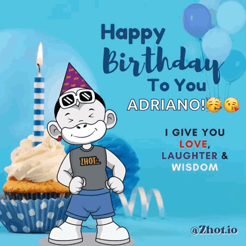 A Birthday Card For Adriano Shows A Monkey Wearing Sunglasses And A Party Hat GIF