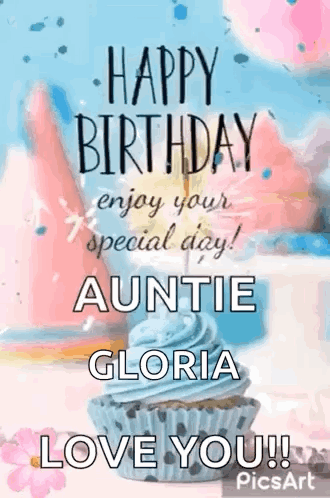 A Birthday Card For An Auntie With A Cupcake And Balloons . GIF