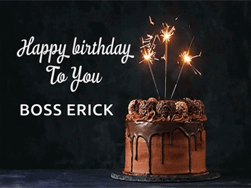 A Birthday Card For Boss Erick Shows A Chocolate Cake With Sparklers On Top GIF