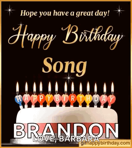 A Birthday Card For Brandon With Candles On A Cake . GIF