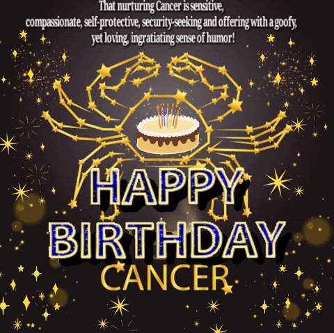 A Birthday Card For Cancer With A Crab And A Cake With Candles GIF