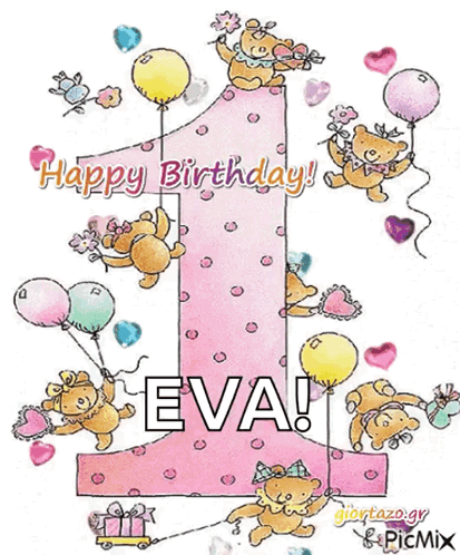 A Birthday Card For Eva With Balloons And Bears GIF