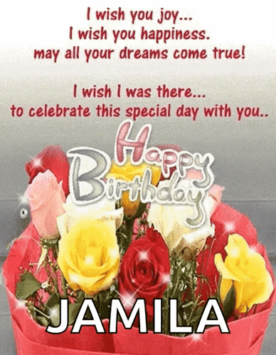 A Birthday Card For Jamila With A Bouquet Of Roses GIF
