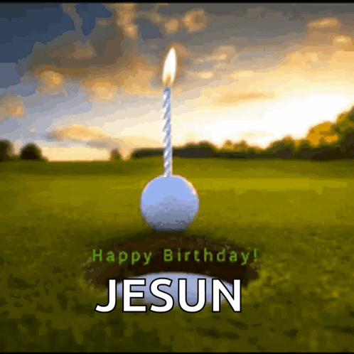 A Birthday Card For Jesun With A Golf Ball And A Lit Candle GIF