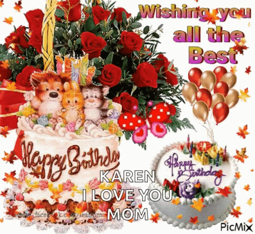 Birthday Card For Karen With Flowers And Balloons GIF