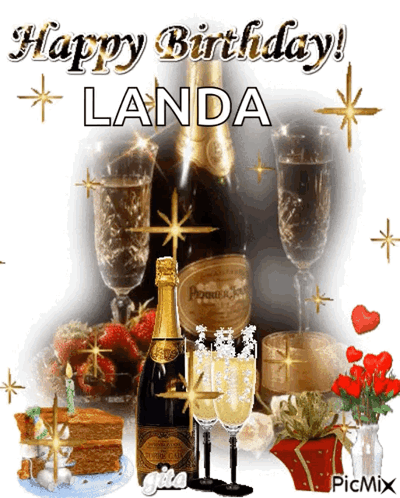 A Birthday Card For Landa With A Bottle Of Champagne And Two Glasses Of Champagne GIF