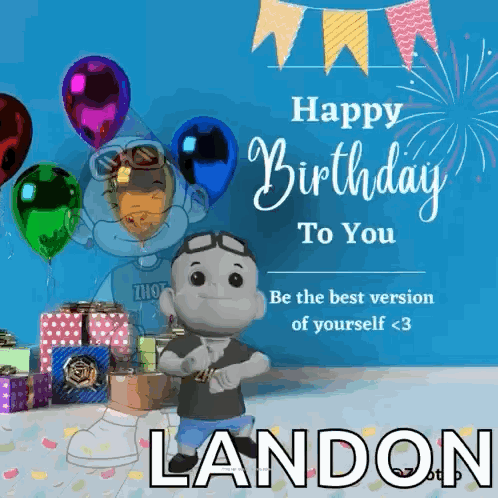 Landon Birthday Card With Cartoon Character GIF
