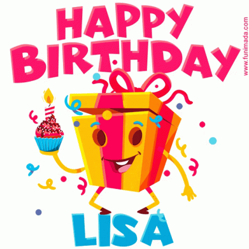 A Birthday Card For Lisa With A Gift Holding A Cupcake And A Candle GIF