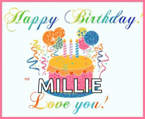 A Birthday Card For Millie With A Cake And Balloons On It GIF