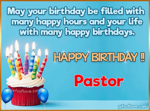 A Birthday Card For Pastor With A Cupcake And Candles On It GIF