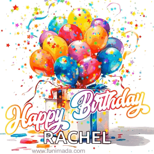 A Birthday Card For Rachel With Balloons And A Gift Box GIF