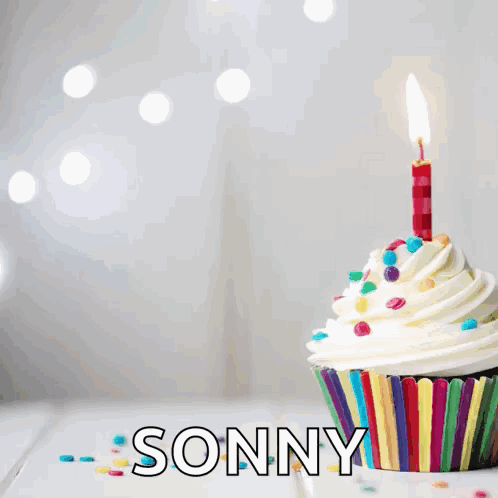 A Birthday Card For Sonny With A Cupcake With A Candle GIF