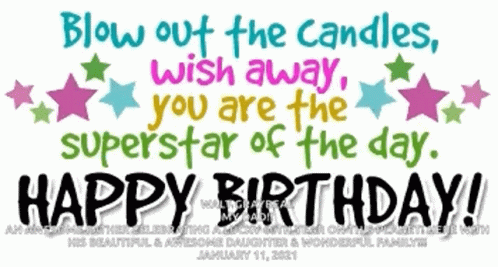 A Birthday Card That Says " Blow Out The Candles Wish Away You Are The Superstar Of The Day Happy Birthday " GIF