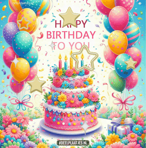 A Birthday Card That Says Happy Birthday To You With A Cake And Balloons GIF