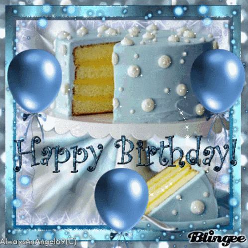 A Birthday Card With A Blue Cake And Balloons GIF