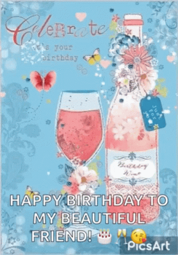 A Birthday Card With A Bottle Of Birthday Wine And A Glass Of Wine GIF
