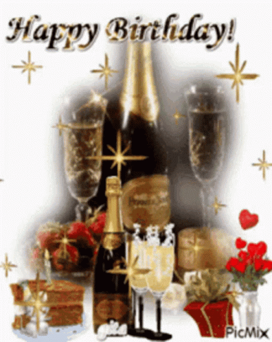 A Birthday Card With A Bottle Of Champagne And Glasses Of Champagne GIF