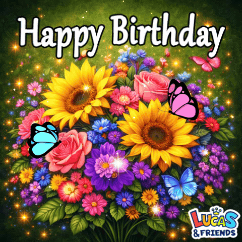 A Birthday Card With A Bouquet Of Flowers And Butterflies GIF