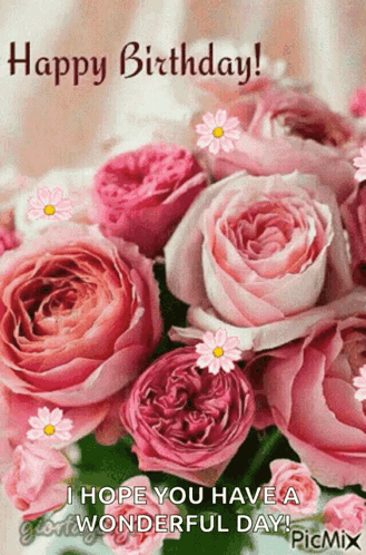 A Birthday Card With A Bouquet Of Pink Roses On It GIF