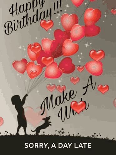 A Birthday Card With A Boy Holding A Bunch Of Heart Shaped Balloons And A Dog Jumping In The Air GIF