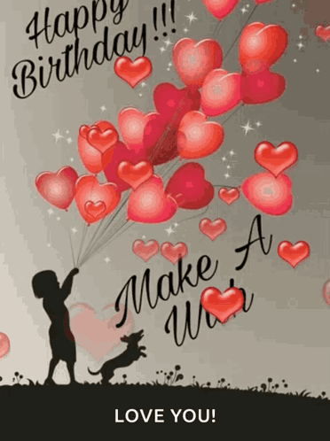 A Birthday Card With A Boy Holding A Bunch Of Heart Shaped Balloons And A Dog Jumping In The Air GIF