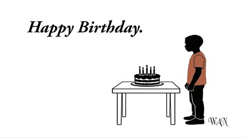 A Birthday Card With A Boy Standing In Front Of A Cake And The Words Happy Birthday I Wish You Many More GIF